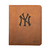 High quality tan colored leather portfolio with the New York Yankees logo on the front. Made by Saddleback