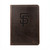 Dark coffee brown colored leather portfolio with the San Francisco Giants logo on the front. Made by Saddleback