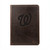 High quality dark brown colored leather portfolio with the Washington Nationals logo in the center. Made by Saddleback