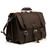 High quality front view angled of a large dark brown full grain leather briefcase.