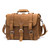High quality front view of a large tan full grain leather briefcase with two straps.