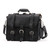 High quality front view of a black full grain leather briefcase with two side straps and a middle strap.