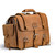 This is a tan brown leather satchel that is thin from the side of a briefcase.