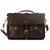 High quality straight on picture of a red brown leather briefcase that is 17 inches wide and has two front pockets on it with a flap over them.