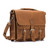 High quality front side of a light tan brown leather briefcase with front pockets and a buckle in the middle.