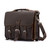 This is a dark brown leather briefcase with three buckles on the front and turned to the side.