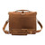 High quality back of a light tan brown leather briefcase with front pockets on the other side.