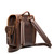 High quality dark brown full grain leather baby tank backpack from the back. Has 2 shoulder pads and a handle for easy carry. Made by Saddleback