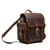 High quality dark brown full grain leather baby tank backpack from the front. 2 side pockets and shoulder pads on the straps for extra comfort. Made by Saddleback