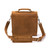 This is a tan brown leather satchel man bag from the back
