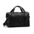 This is a black overnight leather duffle bag with a gladstone closure from the front view.