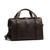 This is a dark brown overnight leather duffle bag with a gladstone closure from the front view.