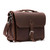 This is a red brown slim leather briefcase with a flap closure.