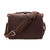High quality back of a slim red brown leather briefcase with its shoulder strap laying in front of it.