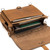 High quality light brown leather briefcase laying down with the flap open.