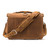 High quality back of a tan brown leather briefcase with the shoulder strap across the back.