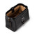 This is a black leather toiletry bag on the top side.