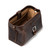This is a dark brown leather toiletry bag on the top side.