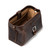 High quality dark brown leather toiletry bag on the top side.