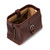 This is a red brown leather toiletry bag on the top side.