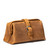 High quality tan brown leather toiletry bag on the front side.