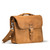 High quality front of a slim tan brown leather briefcase slightly angled.
