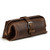 High quality dark brown leather toiletry bag from the front angle.