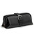 High quality black leather toiletry bag from the front angle.