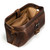 High quality red brown leather toiletry bag from the top angled.