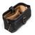 This is a black leather toiletry bag from the top angled.