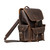 High quality dark brown leather backpack with three pockets on the outside. The image of this backpack is the front side.