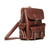 High quality red brown leather backpack with three pockets on the outside. The image of this backpack is the front side.