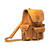 High quality tan brown leather backpack with three pockets on the outside. The image of this backpack is the front side.