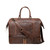 High quality front view of the double compartment leather duffle in dark coffee