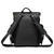 This is a black leather backpack back view with a front pocket and two side pockets.