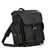 This is a black leather backpack turned to the side and front facing.