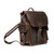High quality squared dark brown leather backpack with an old phone behind the side pocket.
