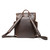 High quality dark brown leather backpack back view with a front pocket and two side pockets.