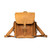 This is a light brown leather backpack that is front facing and waiting for you to put it on your back.