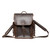 This is a dark brown leather backpack front view with a front pocket and two side pockets.
