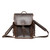 High quality dark brown leather backpack front view with a front pocket and two side pockets.