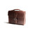 High quality front side of a red brown leather satchel with a front pocket angled.