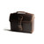 High quality front side of a dark brown leather satchel with a front pocket angled.