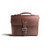 This is the front side of a red brown leather satchel with a front pocket.
