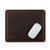 This is a dark brown leather mouse pad with a mouse on it. It has stitching around the edges and neoprene in the middle.