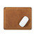 High quality tan brown leather mouse pad with a mouse on it. It has stitching around the edges and neoprene in the middle.