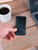 High quality lifestyle image of the slim business card leather holder in Italian black