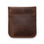 High quality front of a dark brown leather coin purse used for change.