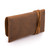 High quality tan brown leather wallet bag with a wrap around it to close it from the back.