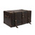 High quality leather trunk that will be a vintage antique one day in a museum. This is the front angled side. It is a dark brown steamer trunk that was old time luggage back in the day on trains and ships.